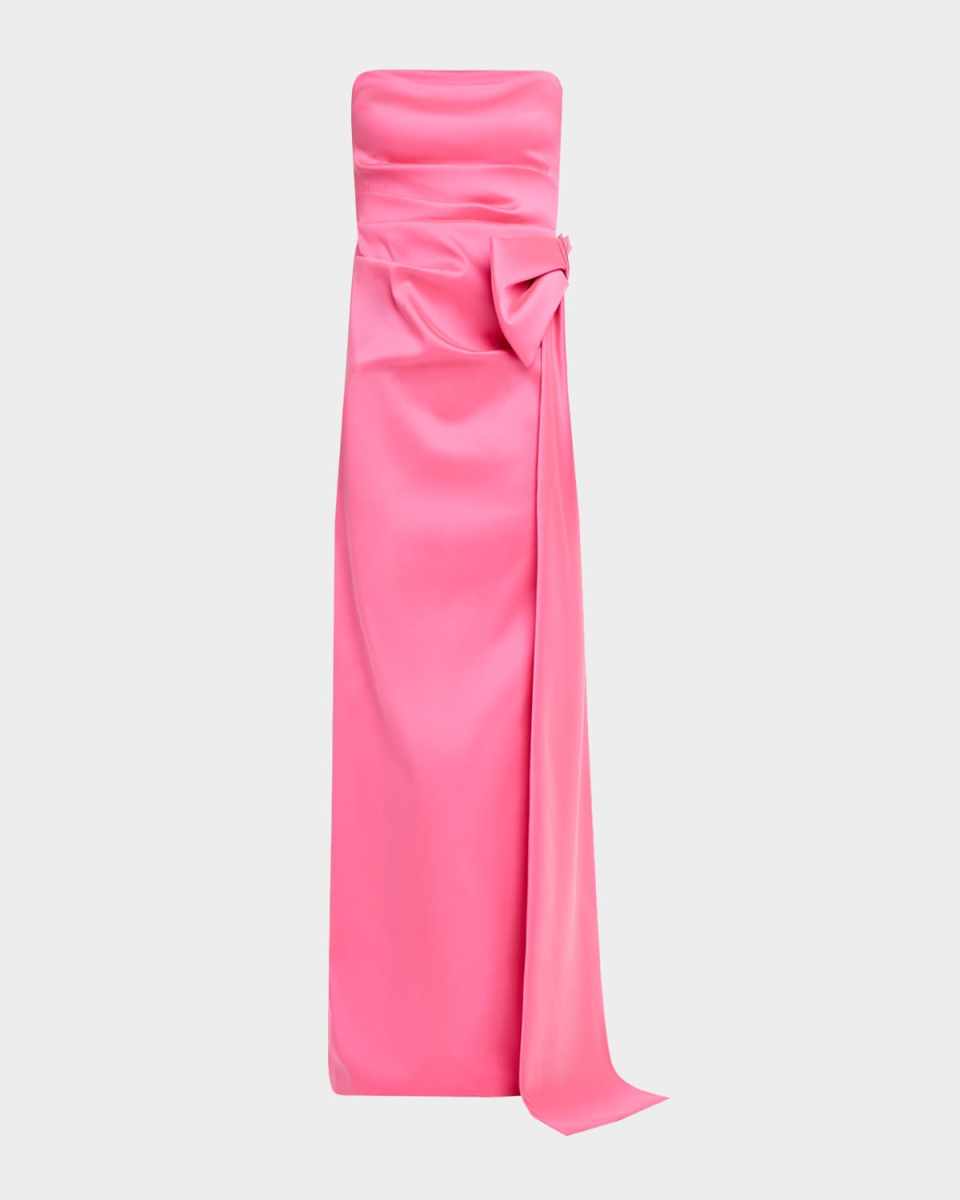 Strapless Draped Bow Mikado Column Gown